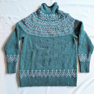 L.L. Bean Women's 100% Cotton Ragg Sweater Funnelneck Fair Isle Green Petite M